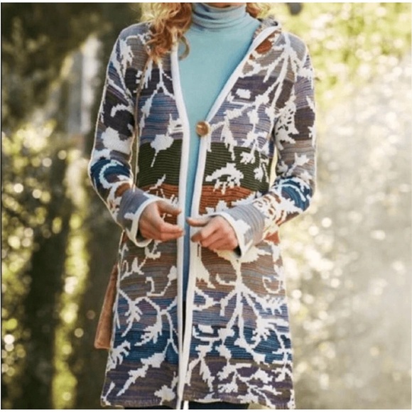 Soft Surroundings Sweaters - Soft Surroundings Loveland Hooded Multicolor Floral Leaf Striped Sweater Coat